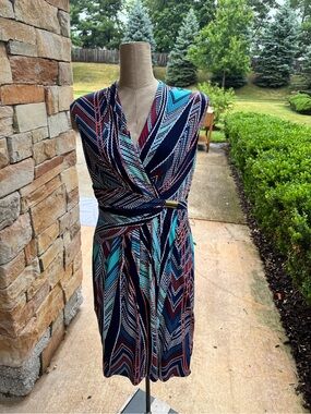 Ellen Tracy Navy, Teal & Red Chevron Wrap Midi Dress
